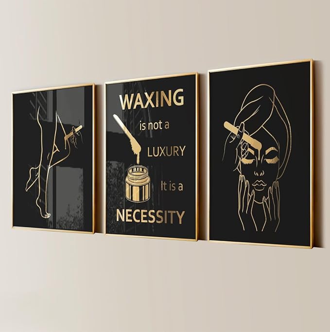 NATVVA Body Waxing Canvas Painting 3 Pieces Hair Removal Treatment Posters Spa Procedures Gold Prints Wall Art Pictures for Wax Salon Decor with Wooden Inner Frame