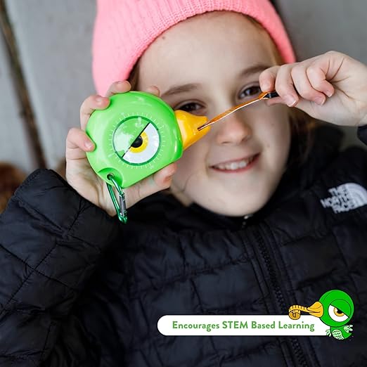 Handy Famm 8ft Green Bird Tape Measure for Kids – STEM Educational Tool with Level, Protractor, Retractable Design - DIY Construction Toy, Child-Safe Measuring Tapes, Gift for Boys & Girls 3+