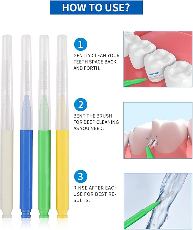 Interdental Brush, 80 Count Braces Brush Between Teeth, Toothpicks Dental Tooth Flossing, Dental Flosser Tooth Cleaning Tools Oral Flossing Head (4 Colors, 4 Sizes)