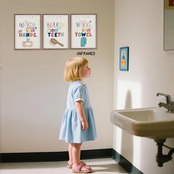Wash Your Hands Sign Bathroom Decor for Kids - 12x16 Inch Each x3 Canvas Wall Art for Toddler Decor, Frameless Kids Bathroom Wall Art with Quotes, Waterproof and Easy to Clean, for Room Decoration