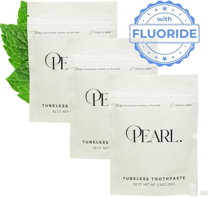 Pearl Fluoride Mint Toothpaste Tablets | Dentist Developed | Natural Whitening | Sensitivity Relief | TSA Approved | Plastic-Free | Reusable Packaging (186 Tablets)