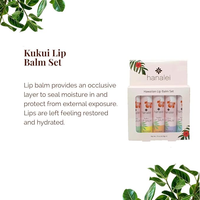 Hanalei Lip Balm & Moisturizer Variety Pack (5 Tubes) – Hydrating Care with Natural Kukui Oil & Beeswax – Soothes, Repairs & Nourishes Dry, Chapped Lips – Long-Lasting Moisture & Protection