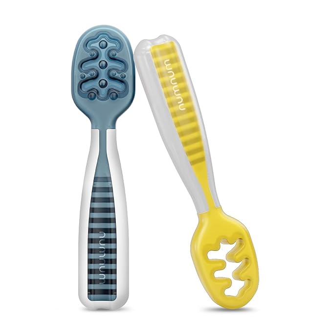 NumNum Baby Spoons Set, Baby Essentials Pre-Spoon GOOtensils for 6+ Months, First Stage Self-Feeding Spoons for Baby Led Weaning (BLW), Silicone Toddler Utensils, BPA-Free, 2 Pack Blue/Yellow