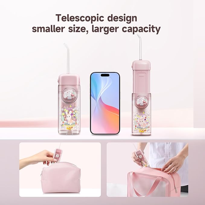 Kids Water Flosser,3 Modes Cordless Portable Water Teeth Cleaner,4 Replaceable Nozzles,IPX7 Waterproof Oral Irrigator Rechargeable,Professional Flossing Cleaning Picks for Home Travel (Pink)