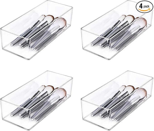 JessLab Acrylic Organizers, Bathroom Organizer for Drawer, 4-Pack Cosmetic Display Cases for Vanity, Countertop, Desk, Kitchen, and Makeup Storage, 1-Section