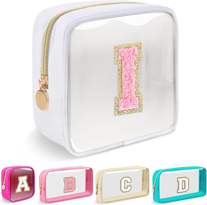 Mini Clear Personalized Initial Makeup Bag,Nylon Preppy A-Z Chenille Letter Patch Zipper Cosmetic Bag, Small Cute Beach Pouch Travel Purse Sanitary Napkin Storage Bag for Women Girls(White-Pink I)