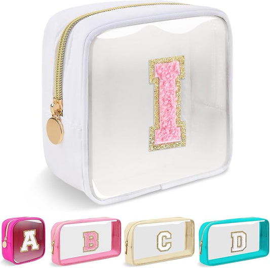 Mini Clear Personalized Initial Makeup Bag,Nylon Preppy A-Z Chenille Letter Patch Zipper Cosmetic Bag, Small Cute Beach Pouch Travel Purse Sanitary Napkin Storage Bag for Women Girls(White-Pink I)