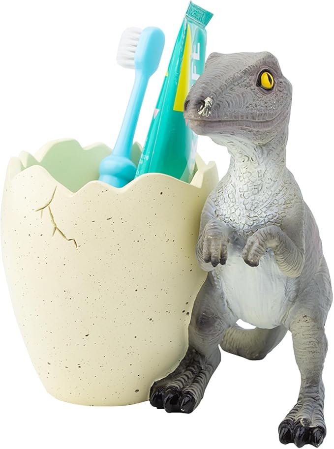FlidRunest Dinosaur Kids Toothbrush Holder Tooth Brush Organizer for Bathroom - Sturdy Resin Dino Tooth Brush Holder - Easy to Clean - Dinosaur Bathroom Decor for Birthday, Children's Day-Grey