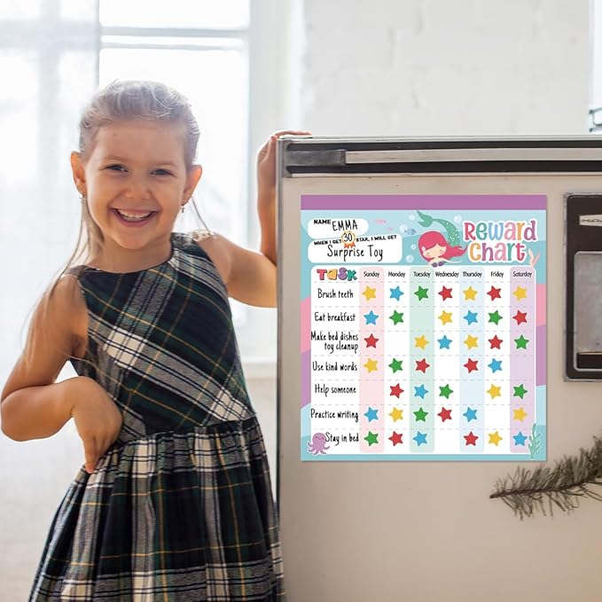 Reward Chart for Kids – Mermaid Magnetic Kids Behavior Chart, Pad with 26 Chore Charts, 1920 Star Stickers, 36 Incentive Stickers, Responsibility Chart for Kids Girls Toddlers - Kids Chore Chart