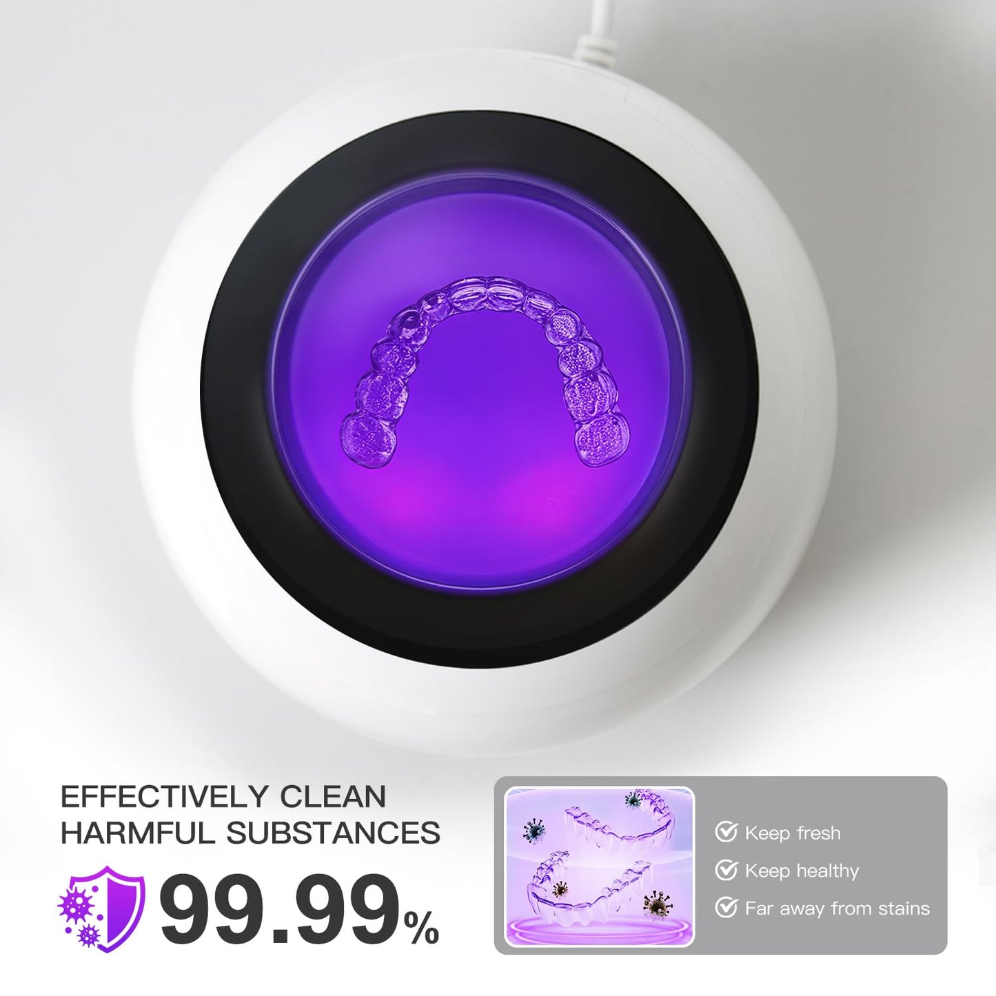 Dental Ultrasonic Retainer Cleaner Machine: 45kHz Dental Cleaning Pod for Denture, Aligner, Mouth Guard, Night Guard, Braces & Jewelry, UV Denture Cleaner with Digital Timer & Dual Mode 250ML White