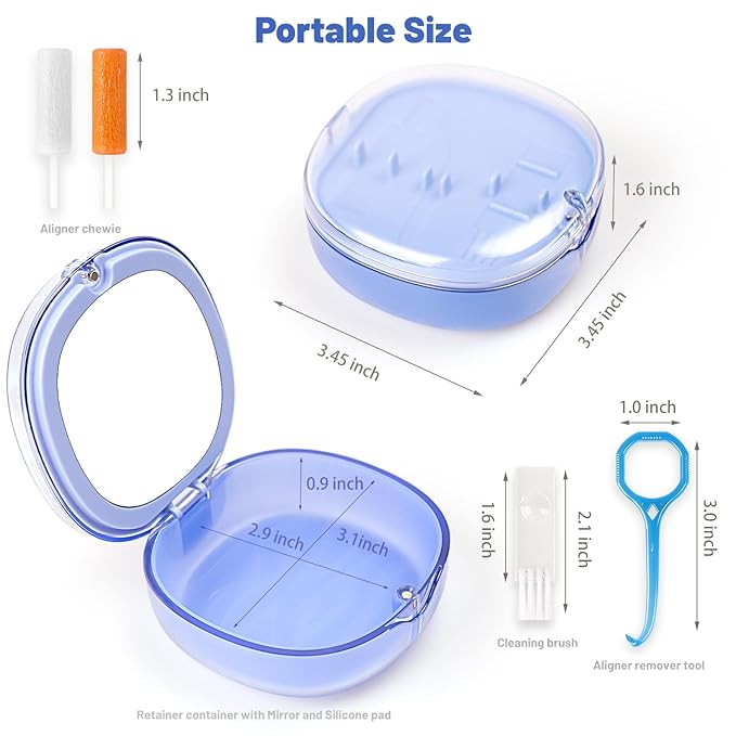Double-layer Retainer Storage Case with Belt Chewing, Removal Tool, Cleaning Brush, Built in Mirror Orthodontic Retainer Container Case, Retainer Travel Case (blue)