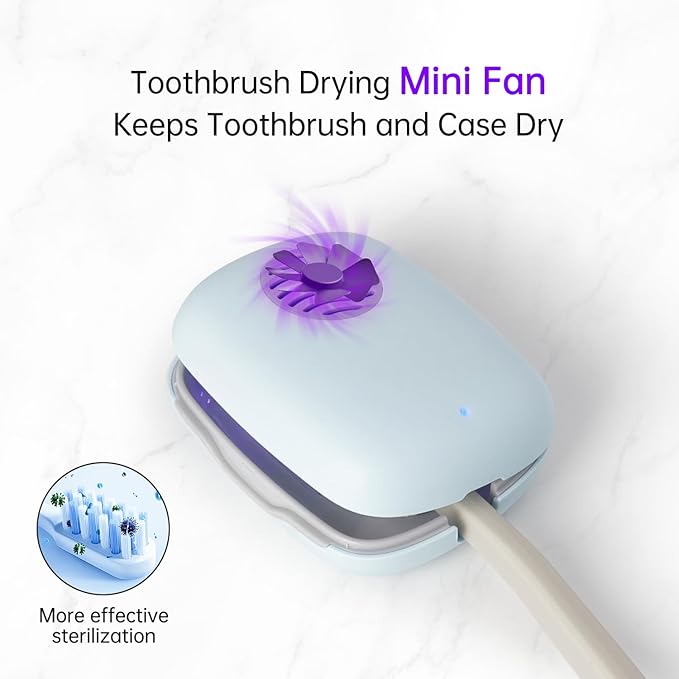 Toothbrush Holder, Toothbrush Cleaner Case, Portable USB Charging Toothbrush Cover with U V-C Light, Travel Toothbrush Holder (Blue-Fan)