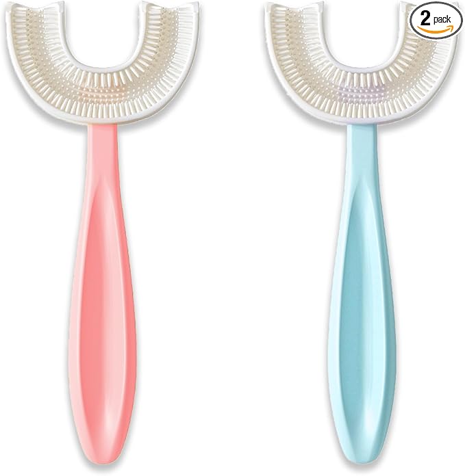 U Shaped Toothbrush Kids 6-12 Years - Two Soft Toothbrushes, Travel Case & Sensory Toothbrush - Rounded Kids Size Head - 1 Pink, 1 Blue