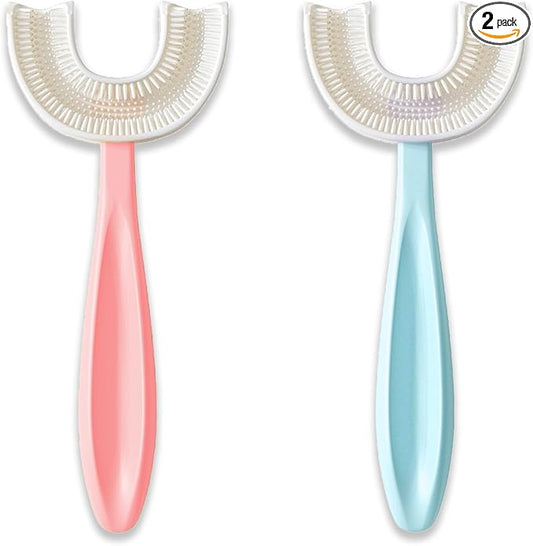 U Shaped Toothbrush Kids 6-12 Years - Two Soft Toothbrushes, Travel Case & Sensory Toothbrush - Rounded Kids Size Head - 1 Pink, 1 Blue