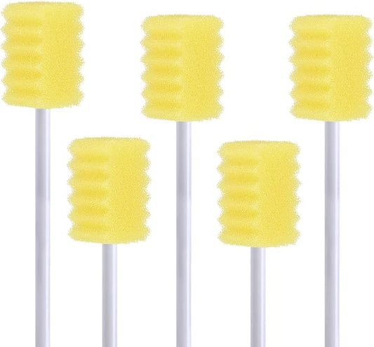 100 Pcs Disposable Mouth Swabs Sponge, BVN Oral Swabs, Oral Care Swabs Disposable, Mouth Swabs, Unflavored and Sterile Disposable Dental Swabsticks for Mouth Cleaning, Sawtooth-Shaped Yellow.