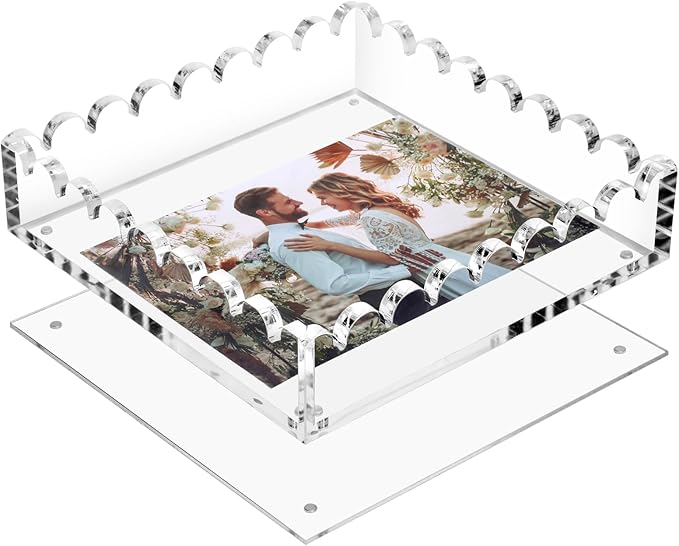 Acrylic Tray with Ultra-Strong Magnetic Mat- Customizable Serving & Display Tray, Clear Scalloped Vanity Jewelry Organizer, Picture Frame Bathroom Tray Decor, Unique Gift for Women Girls