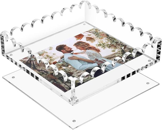 Acrylic Tray with Ultra-Strong Magnetic Mat- Customizable Serving & Display Tray, Clear Scalloped Vanity Jewelry Organizer, Picture Frame Bathroom Tray Decor, Unique Gift for Women Girls