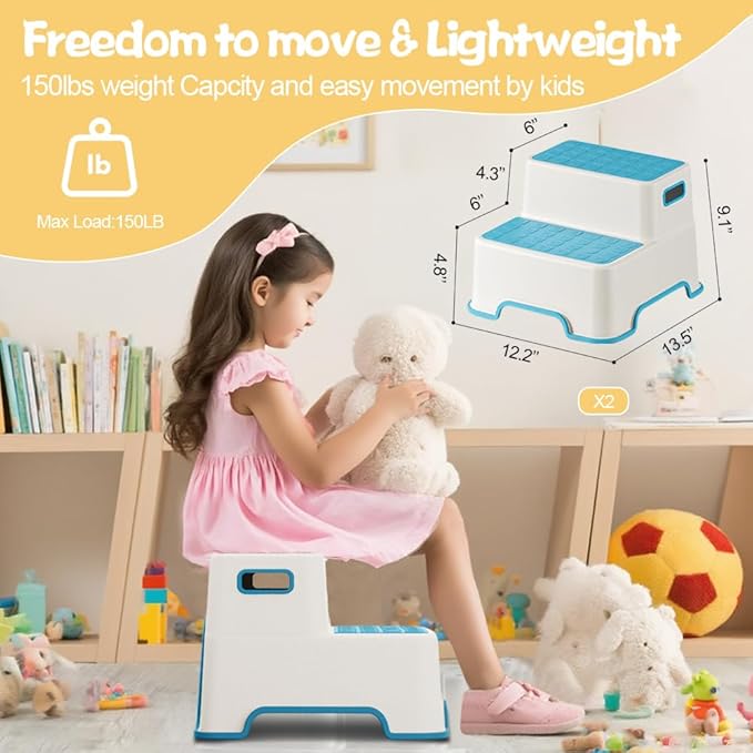 Toddler Step Stool for Bathroom Sink, 2 Pack Step Stool for Kids, Plastic Potty Training Toilet Stepping Stools, Child and Baby Lightweight&No-Slip Two Step Stools for Kitchen(Off-White/Blue)