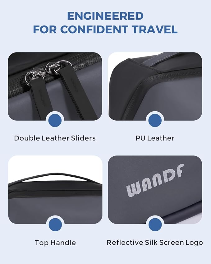 WANDF Toiletry Bag for Men, PU Leather Travel Organizer with Detachable Waterproof Hanging Pouch, Open-Flat Dopp Kit Shaving Bag with Wet Pocket for Travel Toiletries Accessories (Dark Gray)