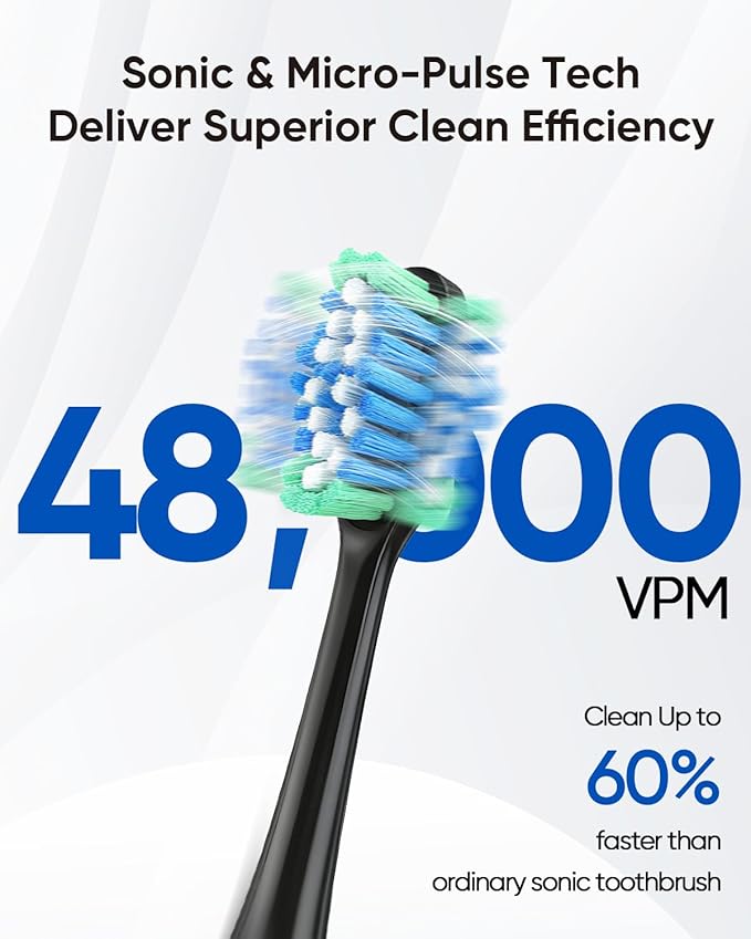 MySmile UC605 Electric Toothbrush for Adults, Rechargeable Sonic Electronic Toothbrush with 6 Brush Heads and Travel Case, 2 Mins 5 Modes Smart Timer, 48000VPM (Black)