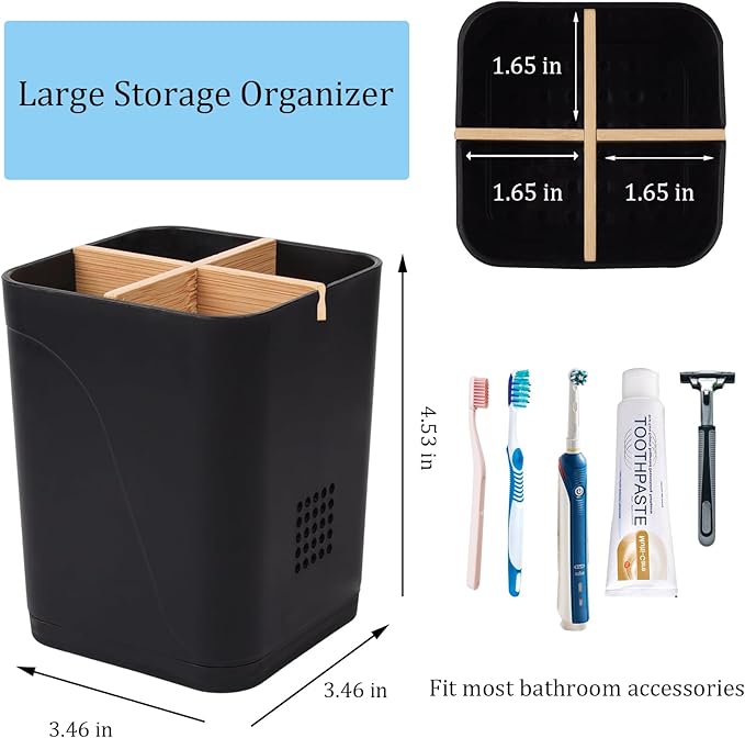 Toothbrush Holders Drainage for Bathrooms, 4 Slots Tooth Brushing Holder with Bamboo Dividers Plastic Electric Toothbrush and Toothpaste Caddy Organizer for Sink, Counter, Shower, Vanity, Black