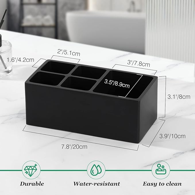 Luxspire Toothbrush Holder, 5 Slots Toothbrush Razor Holder Toothpaste Stand, Resin Decorative Dental Storage for Bathroom Accessories Set Vanity Counter Sink Organizer Storage Organizer Caddy - Black