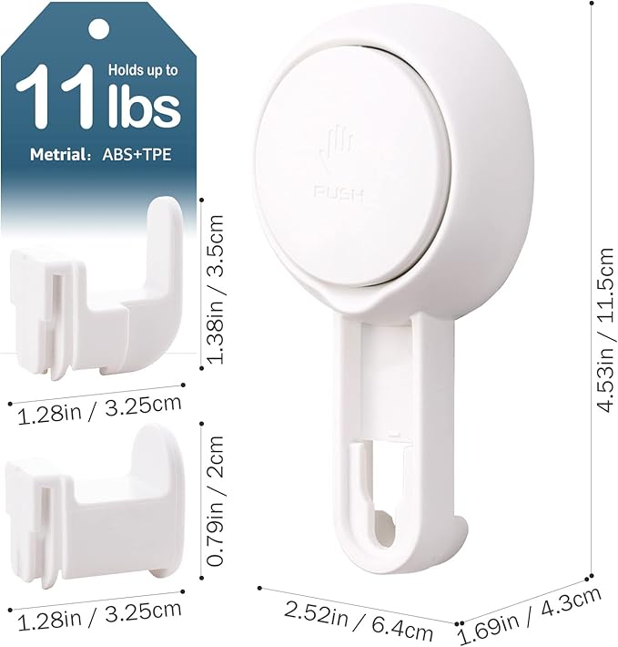 LEVERLOC Heavy Duty Suction Cup Shower Hooks 4 Pack, Damage-Free Shower Hangers for Inside Bathroom Wall, Powerful Vacuum Suction Towel Hooks, Loofah Holders, Easy to Install and Remove, White