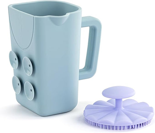 DEMDACO Love to Play Collection Baby Bath Rinse Cup and Silicone Scalp Scrubber Set - Gentle Hair Washing Aid for Infants & Toddlers Soft Silicone Kids' Brush & Ergonomic Rinse Pitcher, Blue