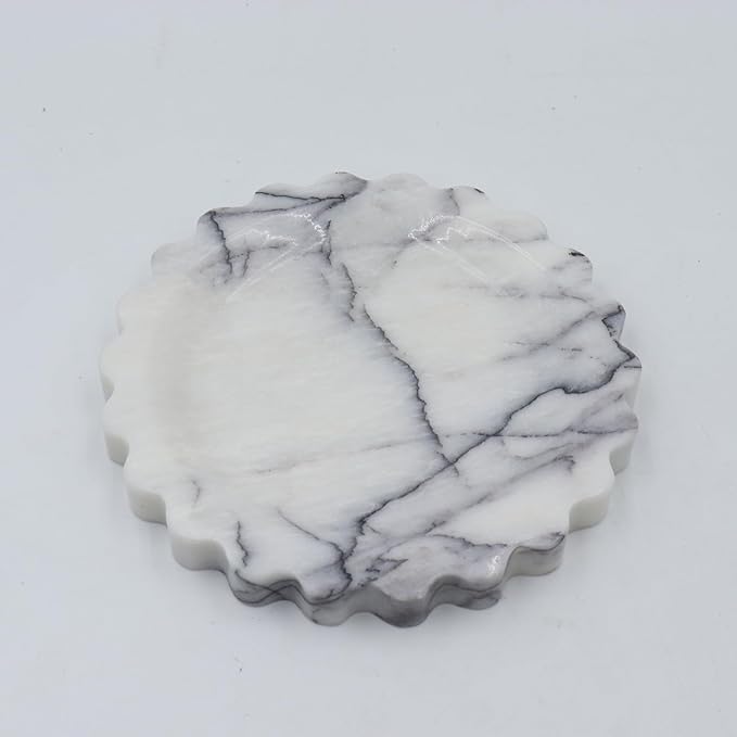 Round Marble Decorative Tray with Scalloped Edge, Luxury Natural Stone Bathroom Vanity Tray, Dresser Top Perfume Coffee Home Kitchen Sink Tray, Key Trinket Ring
