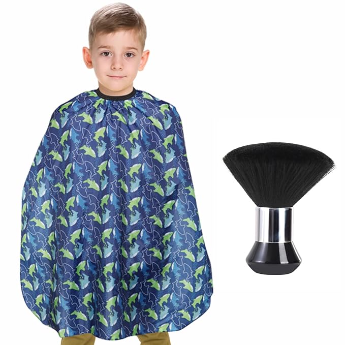 Kids Barber Cape with Neck Duster Brush, Professional Salon Hair Cutting Cape with Adjustable Snap Closure (Cartoon Fish)