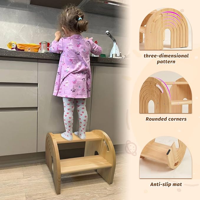 Rainbow Wooden Toddler Step Stool for Kids, Two-Step Stool for Bathroom Sink and Potty Training, Child Stepping Stool for Kitchen with Safety Non-Slip Pad, Handle and Auto Light