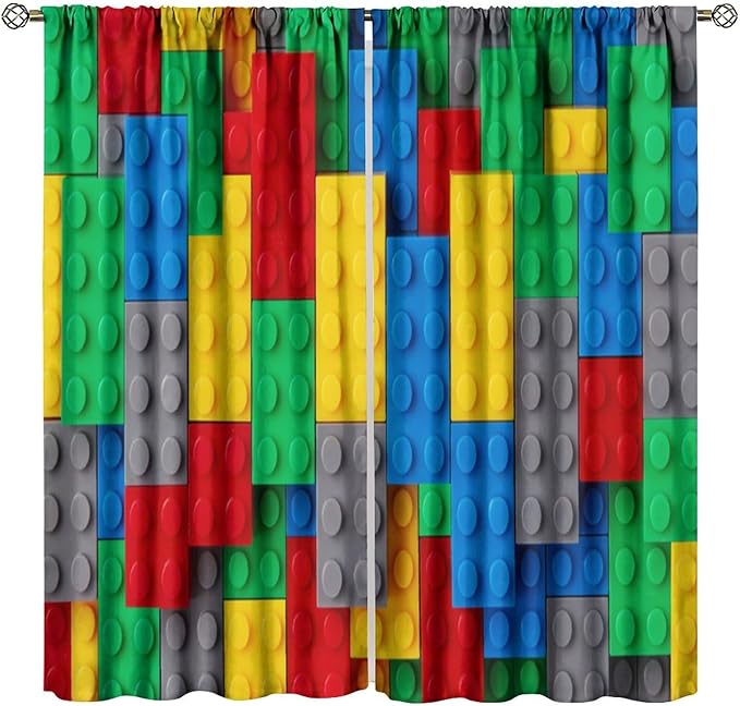 Kids Building Blocks Toy Curtains for Kids Room W42 x L45 Inch Rod Pocket Contour Plastic Colorful Toy Bricks Geometric Print Pattern Curtains for Boys Girls Bedroom 2 Panels