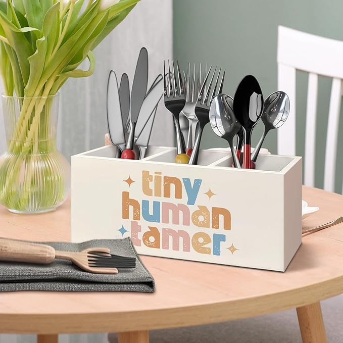 Tiny Human Tamer Gifts Wooden Pen Pencil Holder for Desk Accessories, Funny Preschool Teacher Gifts, Teacher Wood Makeup Brush Toothbrush Holder Organizer for Vanity Bathroom