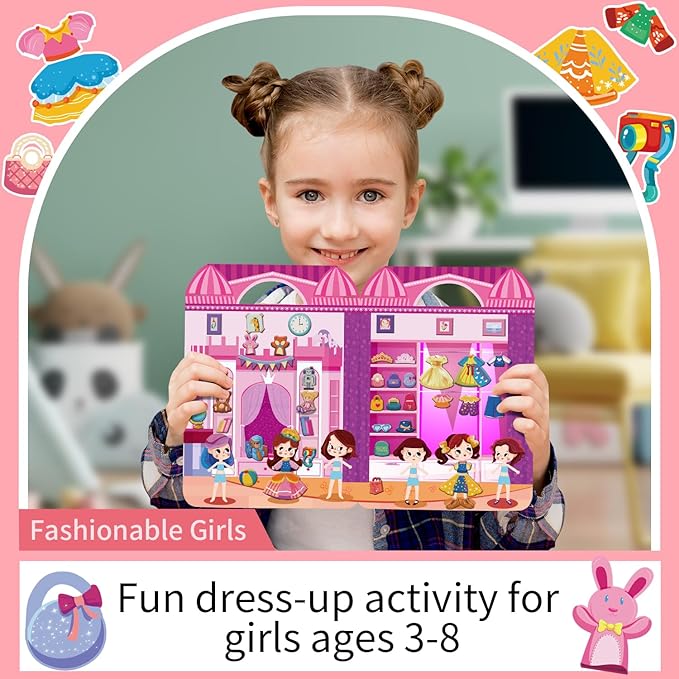 Dress Up Sticker Books for Girls Ages 2-4 4-8, Reusable Puffy 3D Sticker Books for Toddlers 2-4 Years, Include Princess Mermaid Fairy and Fashion Girl,Activity Book for Toddlers 1-3