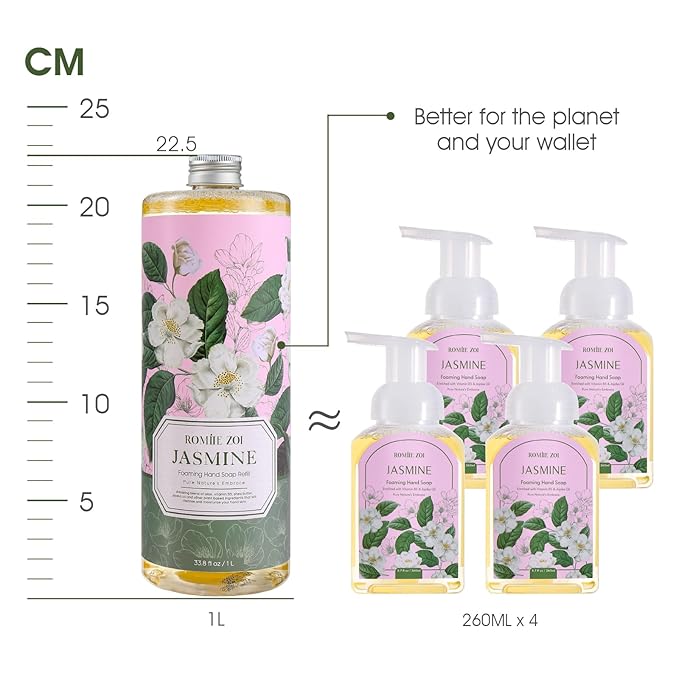 ROMIIE ZOI Natural Jasmine Foaming Hand Soap Refills 3-Pack (33.8 Fl Oz Each) with Dispenser - Plant-Based, Non-Toxic, Large Volume for Kitchen, Bathroom - Great Value Gift Set for Housewarming