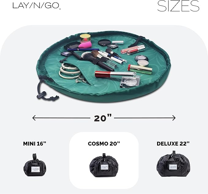 Lay-n-Go Cosmo Lay Flat Drawstring Cosmetic & Makeup Bag Organizer - Zipper Pocket, Brush Loops & More - Durable, Machine Washable Toiletry Carrier for Travel, Cinch Closure, Gift (20", Evergreen)
