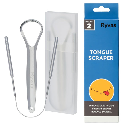 Ryvas Tongue Scraper for Adults (2-Pack) with Travel Case – Dual-Edge Oral Care Tool, Stainless Steel Design for Fresh Breath & Daily Hygiene