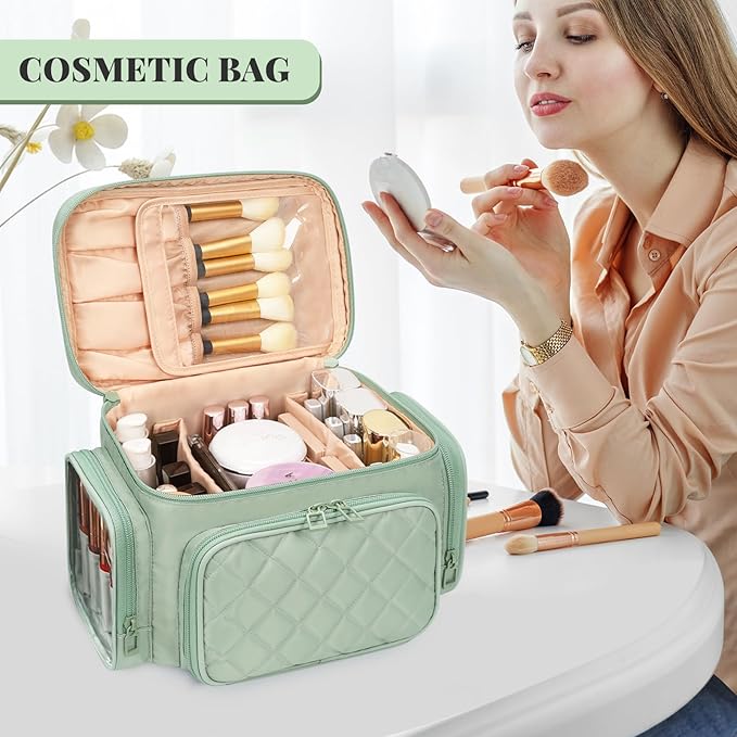 Large Makeup Bag, Portable Travel Makeup Bag Organizer for Women Girls with Makeup Brush Compartment & Two Side Pockets, Cosmetic Travel Bag Vertical Storage Toiletry - Green