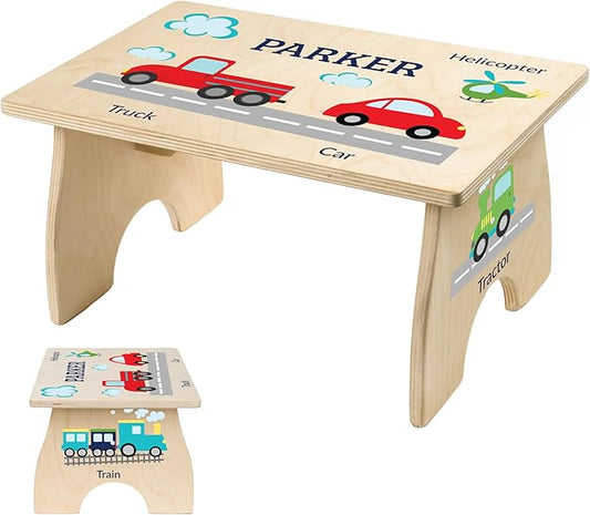 Step Stool for Toddlers- Personalized Wood Kids Step Stool with Name for Kitchen Sink, Bathroom, Potty Training, Toilet, Kitchen Sink- Sturdy and Safe- Made in USA by BloomOwl (Transportation)