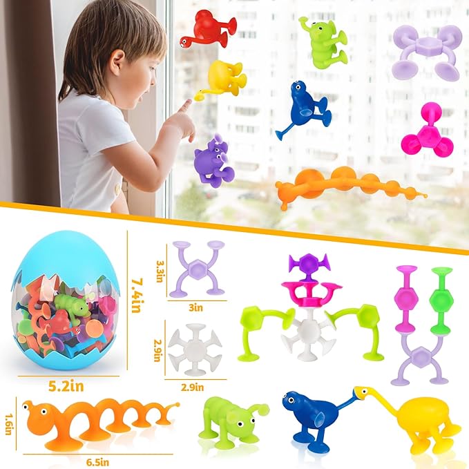 32 PCS Toddler Suction Cup Bath Toys Kids Bath Toy Birthday Party Favor Goody Bag Stuffer Carnival Bulk Prize Filler for Boys Girls Fidget Window Water Table Toy with Eggshell Storage