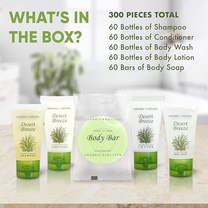 Desert Breeze Hotel Soaps & Toiletries Bulk Set | 1-Shoppe Amenities Kit | 1oz Shampoo & Conditioner, Body Wash, Lotion, Bar Soap | Travel Size | 300 Pieces