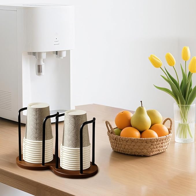 Wood Bathroom Cup Holder 3oz-8oz, Stylish Walnut Disposable Cup Dispenser, Plastic Mouthwash Cup Storage Organizer for Cups (Under 3.35in Diameter) -Perfect for Office, Kitchen, Gym, School or Cafes