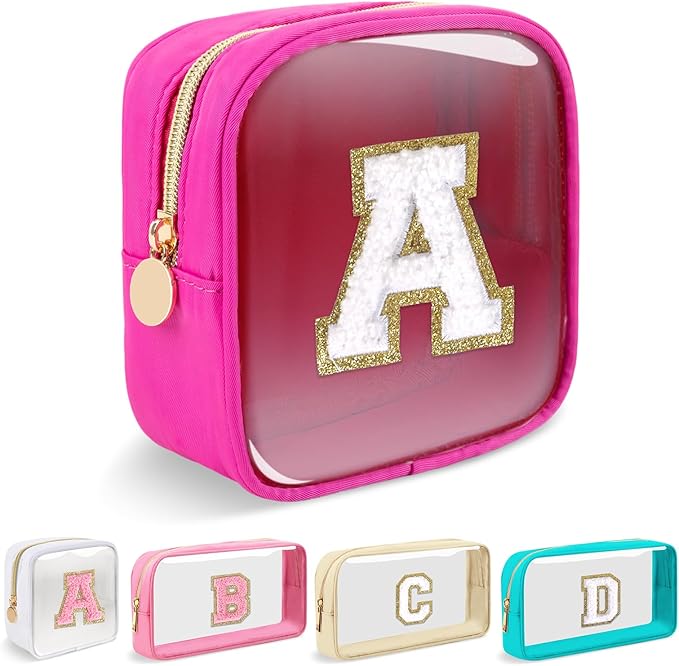 Mini Clear Personalized Initial Makeup Bag,Nylon Preppy A-Z Chenille Letter Patch Zipper Cosmetic Bag, Small Cute Beach Pouch Travel Purse Sanitary Napkin Storage Bag for Women Girls(Hot Pink-White A)