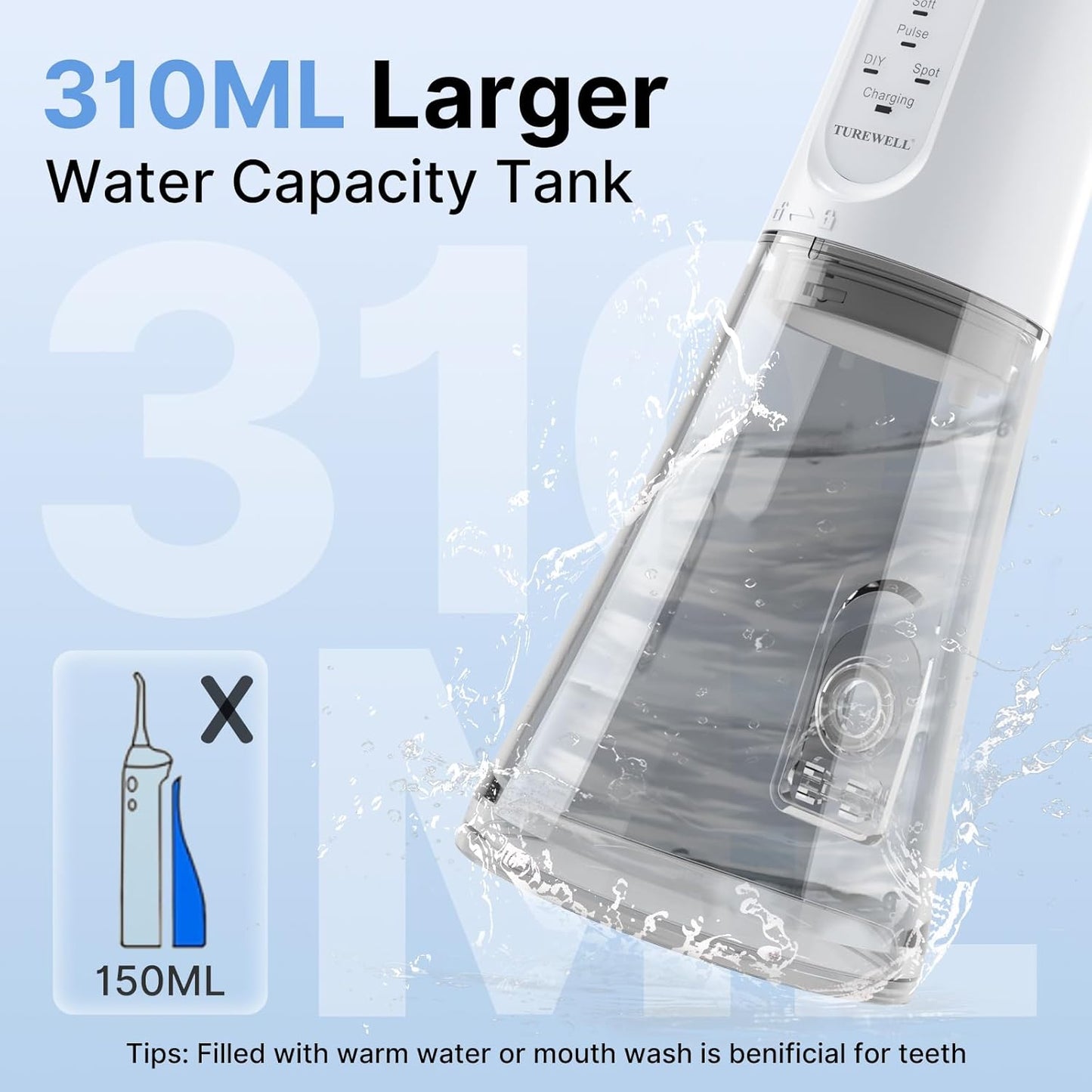 TUREWELL Water Dental Flosser for Teeth/Braces, 310 ML Portable Cordless Oral Irrigator with 5 Modes, IPX7 Waterproof Electric Water Flossing with 4 Replacement Jet Tips for Travel and Home, White