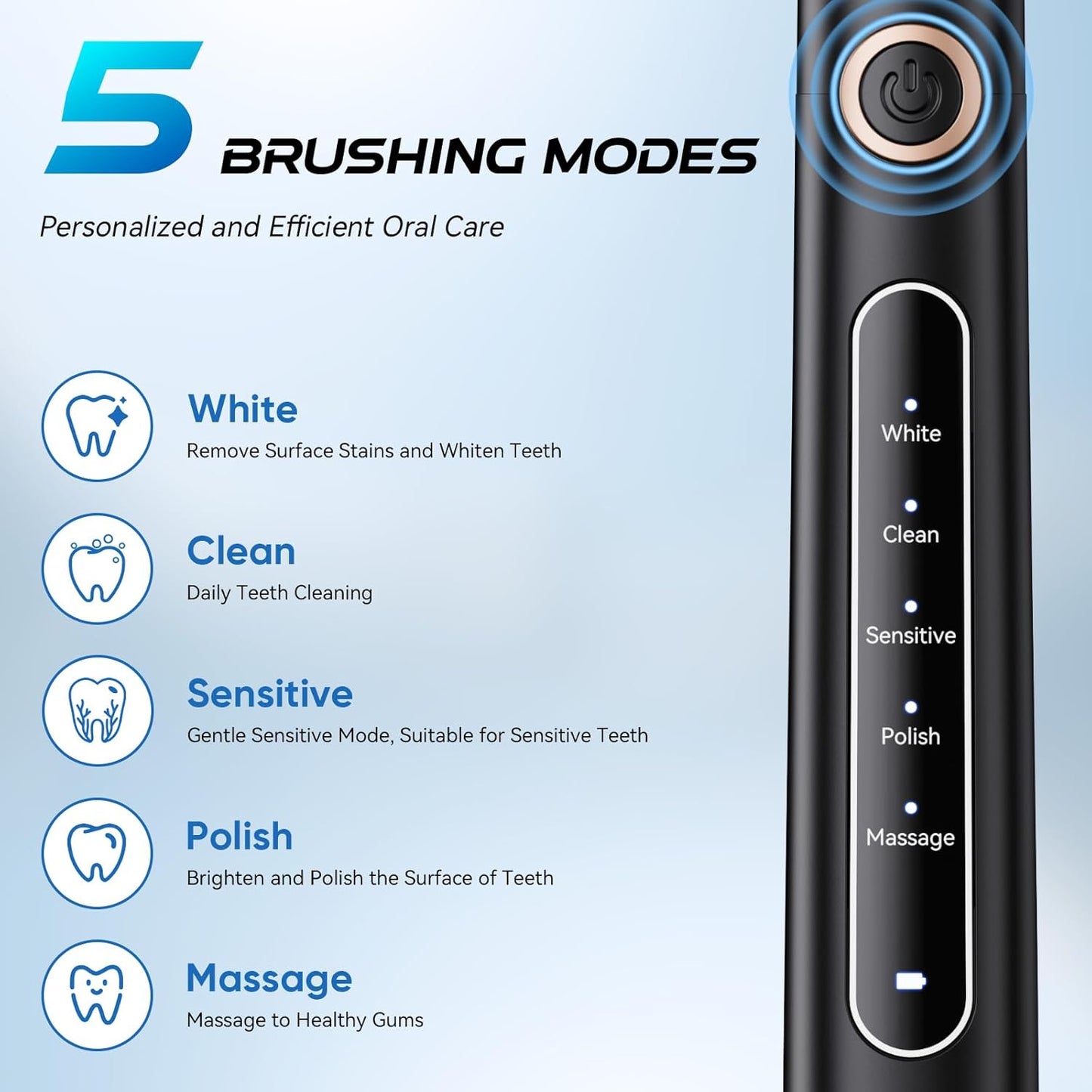 YUNCHI Electric Toothbrush for Adults, Battery Toothbrush, Rechargeable Sonic Electric Tooth Brush with 8 Brush Heads, 5 Modes & 2 Minutes Smart Timer, IPX7 Waterproof, One Charge for 30 Days, Black