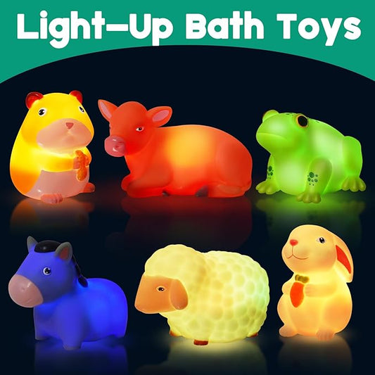 Bath Toys for Toddlers 1-3: 6 PCS Light-Up Farm Animal Bath Toy Set, Baby Bath Toys, Bathtub Pool Bath Toy for Kids, Christmas Birthday Gifts for Boys & Girls Ages 1 2 3+ Years Old