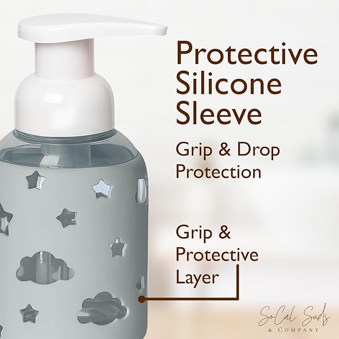 SoCal Suds & Company Glass Foaming Hand Soap Dispenser, Soft Grip Silicone Sleeve, Refillable Pump Bottle for Kids, Baby Wash & Shampoo, Ideal for Home Use, Light Grey 8oz
