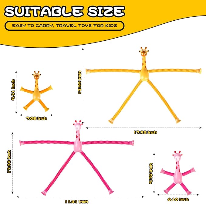 Christmas Stocking Stuffer Gift for Toddler Girls Year Old Ages 2 3 4 5 6 7 8, Giraffe Sensory Toys 4Pcs Suction Autism Toy Pop Tube Fidget Toys Autistic Travel Toys Easter Basket Valentine for Kids