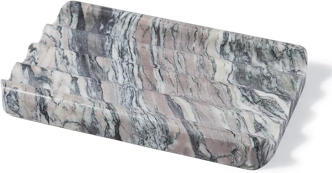 Soap Holder for Bathroom, Black Marble Soap Dish for Kitchen Countertop, Soap Tray with Creative Wavy Design, Soap Saver for Bath Tub, Sponges, Italian Natural Stone