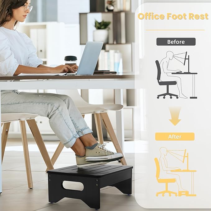 Wooden Step Stool for Adults & Kids, Non-Slip Rubber Feet, 6.5 Inch High, Lightweight Small Step, 400 Lbs Capacity, Bed Step Stool for High Bed, Bathroom & Kitchen, Black